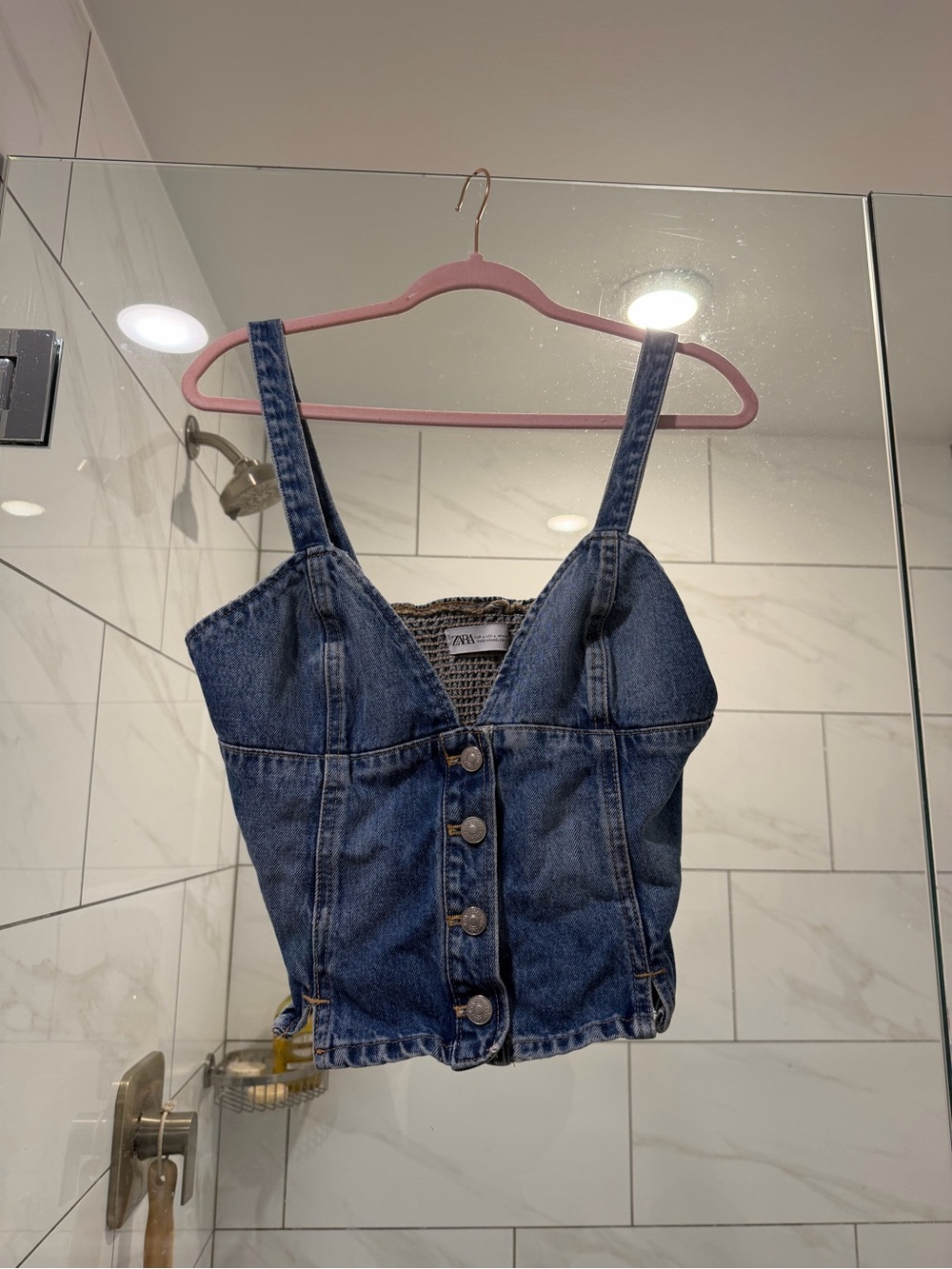 Zara Dark Blue Denim Button-Front Crop Top